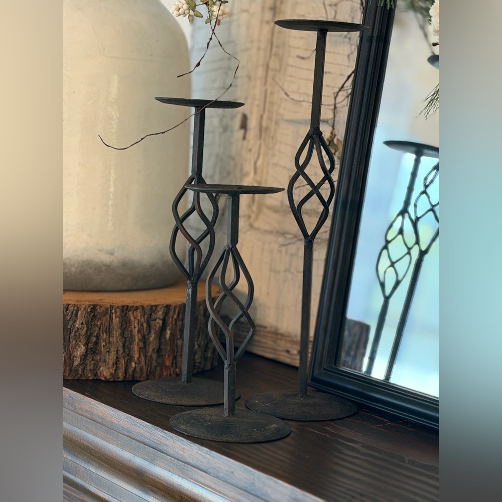 3 Vintage Hand Forged Candlesticks Set. Black Basket Weave w/Patina 14” 11” 8.5” - Picture 3 of 15